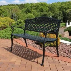 Sunnydaze Decor Sunnydaze 2-Person Checkered Design Cast Aluminum Outdoor Patio Bench, Black -Sunnydaze Decor Store GUEST 7fa4dc41 91cb 407d 80e5 e4f77acae430
