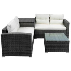 4pc Wicker Patio Set With Large Storage Box & Cushions - Gray/Beige - GODEER -Sunnydaze Decor Store GUEST 8254a76c 6e44 49d8 b7b8 d3dded25e57b