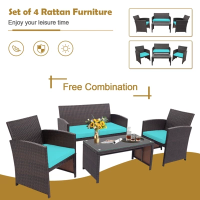 Tangkula 8PCS Outdoor Patio Furniture Sets Weather-Resistant Rattan Sofas W/ Soft Cushion Turquoise 6 Tangkula 8PCS Outdoor Patio Furniture Sets Weather-Resistant Rattan Sofas W/ Soft Cushion Turquoise - Image 4