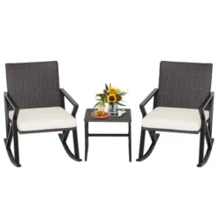 Costway 3PCS Patio Rattan Wicker Rocking Chairs Table Bistro Set Cushioned Rocker Garden