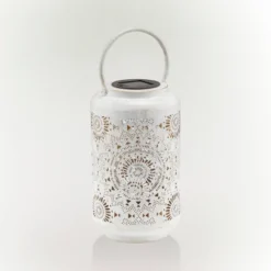 Outdoor Metal Lace Cutout Lantern With Rotating LED Lights Antique White - Alpine Corporation