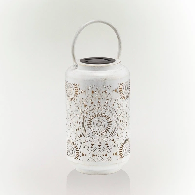 Outdoor Metal Lace Cutout Lantern With Rotating LED Lights Antique White - Alpine Corporation 3 Outdoor Metal Lace Cutout Lantern With Rotating LED Lights Antique White - Alpine Corporation