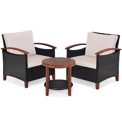 Tangkula 3-Piece Patio Rattan Bistro Set Acacia Wood Frame Sofa And Side Table 7 Tangkula 3-Piece Patio Rattan Bistro Set Acacia Wood Frame Sofa And Side Table - Image 5