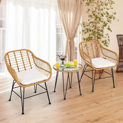 Costway 3PCS Patio Rattan Bistro Furniture Set Cushioned Chair Table 4 Costway 3PCS Patio Rattan Bistro Furniture Set Cushioned Chair Table - Image 2