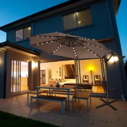 Costway 10FT Patio Offset Umbrella Solar LED 360degrees Rotation Brown