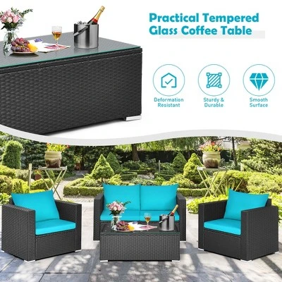 Costway 4PCS Patio Rattan Cushioned Sofa Chair Coffee Table Turquoise 6 Costway 4PCS Patio Rattan Cushioned Sofa Chair Coffee Table Turquoise - Image 4