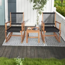 Costway 3pcs Patio Acacia Wood Bistro Table Rocking Chair Set All-Weather Rope Outdoor -Sunnydaze Decor Store GUEST 8d61b901 2ebe 4183 b6e8 fef7d30accdd