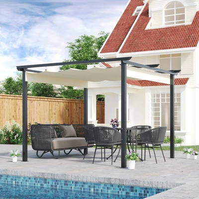 Outsunny 10' X 10' Retractable Pergola Canopy Patio Gazebo Sun Shelter With Aluminum Frame For Outdoors, Cream White 4 Outsunny 10' X 10' Retractable Pergola Canopy Patio Gazebo Sun Shelter With Aluminum Frame For Outdoors, Cream White - Image 2