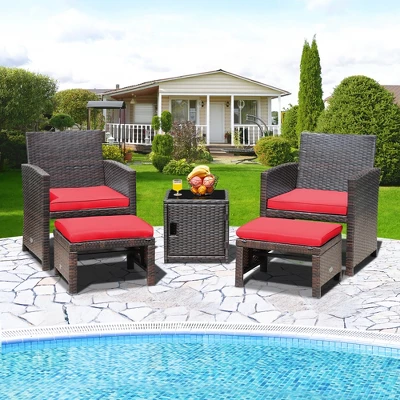 Costway 5PCS Patio Rattan Furniture Set Ottoman Cushioned W/Cover Space Saving Off White/Gray/Red/Turquoise 13 Costway 5PCS Patio Rattan Furniture Set Ottoman Cushioned W/Cover Space Saving Off White/Gray/Red/Turquoise - Image 11