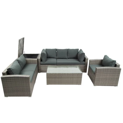 7pc Wicker Patio Seating Set With Cushions & Storage Box - Gray - GODEER 17 7pc Wicker Patio Seating Set With Cushions & Storage Box - Gray - GODEER - Image 15