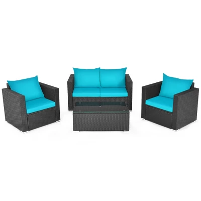 Costway 4PCS Patio Rattan Cushioned Sofa Chair Coffee Table Turquoise 3 Costway 4PCS Patio Rattan Cushioned Sofa Chair Coffee Table Turquoise
