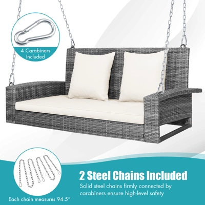 Tangkula Outdoor Porch Swing Bench, Patio Wicker Hanging Swing With Rustproof Chains & Comfortable Cushions Off White/Turquoise/Red/Black 7 Tangkula Outdoor Porch Swing Bench, Patio Wicker Hanging Swing With Rustproof Chains & Comfortable Cushions Off White/Turquoise/Red/Black - Image 5