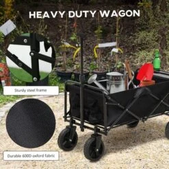 Outsunny Collapsible Wagon, Graden Carts With Wheels, Adjustable Handle, Folding Table And Cup Holders, Black -Sunnydaze Decor Store GUEST 97c5641f 94c8 4386 a8f4 f75907f78a8a