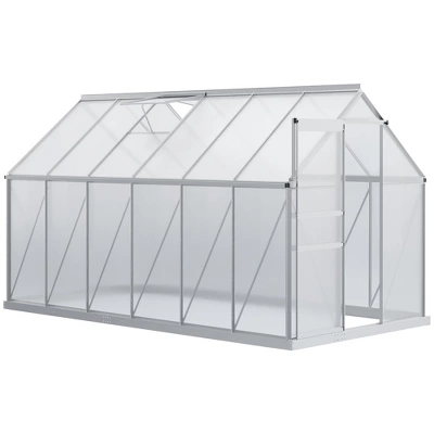 Outsunny Aluminum Greenhouse, Polycarbonate Walk-in Garden Greenhouse Kit With Adjustable Roof Vent, Rain Gutter And Sliding Door For Winter, Silver 8 Outsunny Aluminum Greenhouse, Polycarbonate Walk-in Garden Greenhouse Kit With Adjustable Roof Vent, Rain Gutter And Sliding Door For Winter, Silver - Image 6