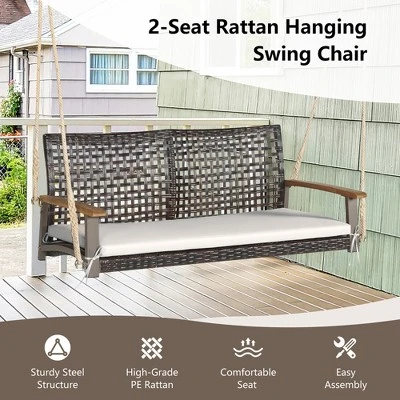 Tangkula 2-Seat Rattan Porch Swing Chair Outdoor Wicker Swing Bench W/ Seat Cushion 5 Tangkula 2-Seat Rattan Porch Swing Chair Outdoor Wicker Swing Bench W/ Seat Cushion - Image 3