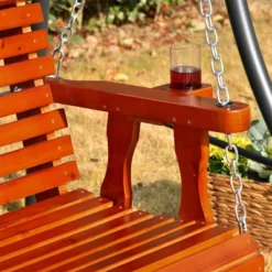 Outsunny 46" 2-Person Porch Swing Wooden Patio Swing Bench With Cup Holders, Slatted Design, & Chains Included, 440lb Weight Capacity -Sunnydaze Decor Store GUEST 999af834 ab4f 44ba 9734 99bfc6d0ca67