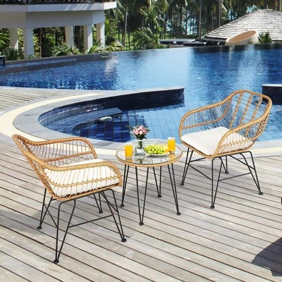 Costway 3PCS Patio Rattan Bistro Furniture Set Cushioned Chair Table 3 Costway 3PCS Patio Rattan Bistro Furniture Set Cushioned Chair Table