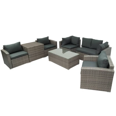 7pc Wicker Patio Seating Set With Cushions & Storage Box - Gray - GODEER 9 7pc Wicker Patio Seating Set With Cushions & Storage Box - Gray - GODEER - Image 7