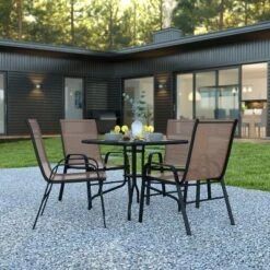 Emma And Oliver Five Piece Patio Dining Set - Square Table With Powder Coated Frame And Tempered Glass Top & 4 Flex Comfort Stack Chairs