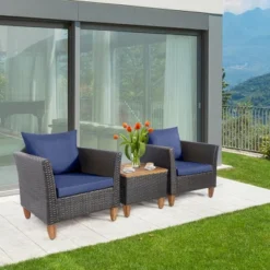 Costway 3PCS Patio Wicker Rattan Sofa Set Furniture Acacia Wood Conversation