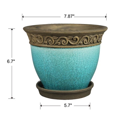 Southern Patio Cadiz 8in Diameter Crackled Glazed Ceramic Indoor Outdoor Garden Planter Pot Urn W/Saucer For Flowers, Herbs, & Plants, Teal (2 Pack) 5 Southern Patio Cadiz 8in Diameter Crackled Glazed Ceramic Indoor Outdoor Garden Planter Pot Urn W/Saucer For Flowers, Herbs, & Plants, Teal (2 Pack) - Image 3
