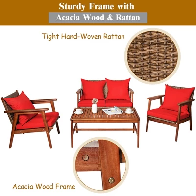 Costway 4PCS Patio Rattan Furniture Set Acacia Wood Frame Cushioned Sofa Chair 8 Costway 4PCS Patio Rattan Furniture Set Acacia Wood Frame Cushioned Sofa Chair - Image 6