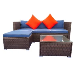 3pc Wicker Patio Sectional Seating Set With Cushions - Brown/Blue - GODEER -Sunnydaze Decor Store GUEST a42ca544 86d1 44c1 ae4f cdd62c55ccad
