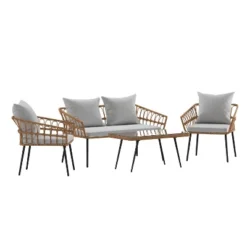 Merrick Lane Four Piece Indoor/Outdoor Boho Open Weave Natural Rattan Rope Patio Set With Two Chairs, Loveseat And Table With Cushions -Sunnydaze Decor Store GUEST a7d2a520 4a64 4ede bf9f 619facdca3be