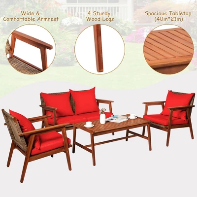 Costway 4PCS Patio Rattan Furniture Set Acacia Wood Frame Cushioned Sofa Chair 9 Costway 4PCS Patio Rattan Furniture Set Acacia Wood Frame Cushioned Sofa Chair - Image 7