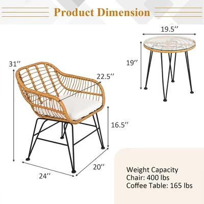 Costway 3PCS Patio Rattan Bistro Furniture Set Cushioned Chair Table 5 Costway 3PCS Patio Rattan Bistro Furniture Set Cushioned Chair Table - Image 3