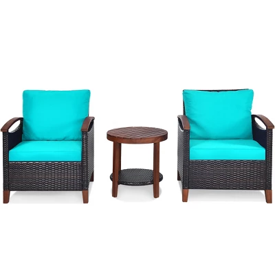 Tangkula 3-Piece Patio Rattan Bistro Set Acacia Wood Frame Sofa And Side Table 11 Tangkula 3-Piece Patio Rattan Bistro Set Acacia Wood Frame Sofa And Side Table - Image 9