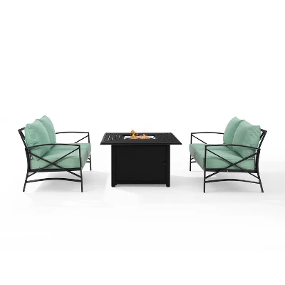 Kaplan 3pc Outdoor Conversation Set With Fire Table & 2 Loveseats - Mist - Crosley 3 Kaplan 3pc Outdoor Conversation Set With Fire Table & 2 Loveseats - Mist - Crosley