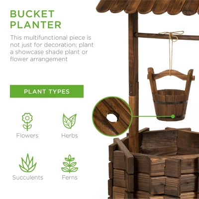 Best Choice Products Rustic Wooden Wishing Well Planter Outdoor Home Decor For Patio, Garden, Yard W/ Hanging Bucket 4 Best Choice Products Rustic Wooden Wishing Well Planter Outdoor Home Decor For Patio, Garden, Yard W/ Hanging Bucket - Image 2