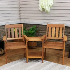 Sunnydaze Decor Sunnydaze Outdoor Meranti Wood With Teak Oil Finish Jack-and-Jill Patio Chairs With Attached Table - Brown