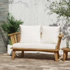 Solano Outdoor Wooden Loveseat With Cushions - White/Teak - Christopher Knight Home
