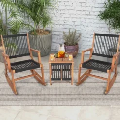 Costway 3pcs Patio Acacia Wood Bistro Table Rocking Chair Set All-Weather Rope Outdoor -Sunnydaze Decor Store GUEST b1f61467 5fe2 4ff4 ab96 3245def4281b