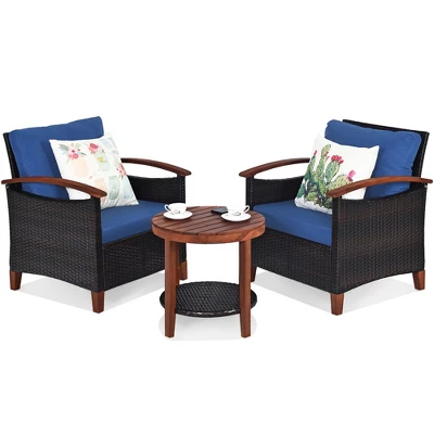 Tangkula 3-Piece Patio Rattan Bistro Set Acacia Wood Frame Sofa And Side Table 4 Tangkula 3-Piece Patio Rattan Bistro Set Acacia Wood Frame Sofa And Side Table - Image 2