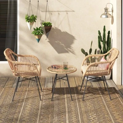 Barton 3-Pieces Outdoor Patio Set Chat Conversation Wicker Seat Cushion And Table, Beige 4 Barton 3-Pieces Outdoor Patio Set Chat Conversation Wicker Seat Cushion And Table, Beige - Image 2