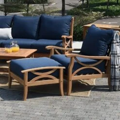 Abbington Teak Patio Ottoman With Cushion - Navy - Cambridge Casual -Sunnydaze Decor Store GUEST b43bbbbf a7c3 44f2 9bb2 bebc92a264ad