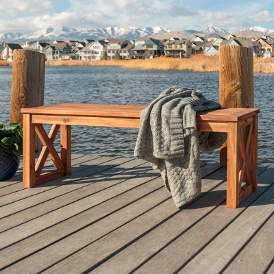 53" Slatted Acacia Wood X-Frame Patio Bench Brown - Saracina Home 5 53" Slatted Acacia Wood X-Frame Patio Bench Brown - Saracina Home - Image 4