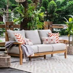 Caterina Teak Patio Sofa With Cushion - Beige - Cambridge Casual -Sunnydaze Decor Store GUEST b8de7c84 afb2 4657 a008 b96a73026fef