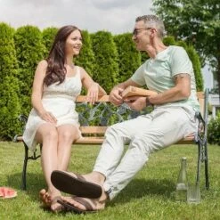 Costway Patio Park Garden Bench Porch Chair Outdoor Deck Cast Iron Hardwood Rose -Sunnydaze Decor Store GUEST b9171552 c6cf 4980 975a cddf1ac39a60