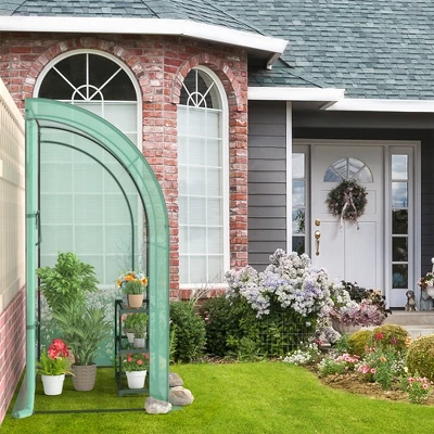 Costway 7'x 3.5'x 7' Lean-to Greenhouse Portable Wall House With Green PE Cover And Shelf 5 Costway 7'x 3.5'x 7' Lean-to Greenhouse Portable Wall House With Green PE Cover And Shelf - Image 3