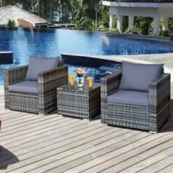 Tangkula 3-Piece Patio Wicker Conversation Set Bistro Rattan Sofa Chair With Washable Cushion Gray