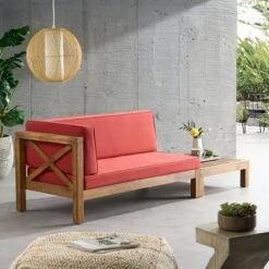 2pc Brava Outdoor Acacia Wood Left Arm Loveseat & Coffee Table With Cushion Teak/Red - Christopher Knight Home -Sunnydaze Decor Store GUEST bc4b81b1 217b 4ec1 a2b7 80ba013a63bd