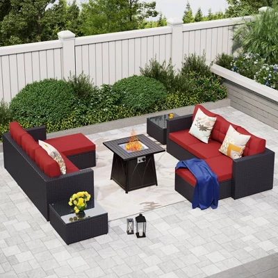 Captiva Designs 7pc Steel & Wicker Outdoor Square Fire Pit Furniture Set With Cushions 14 Captiva Designs 7pc Steel & Wicker Outdoor Square Fire Pit Furniture Set With Cushions - Image 12