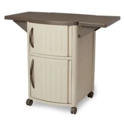 Suncast DCP2000 Portable Outdoor Resin Patio Grilling Entertainment Serving Prep Station Table With Cabinet Storage And Drop Leaf Extensions, Beige