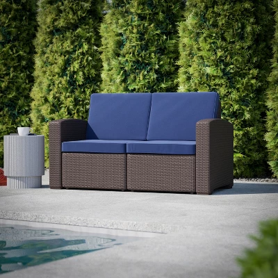 Flash Furniture Seneca Faux Rattan Loveseat With All-Weather Cushions 3 Flash Furniture Seneca Faux Rattan Loveseat With All-Weather Cushions