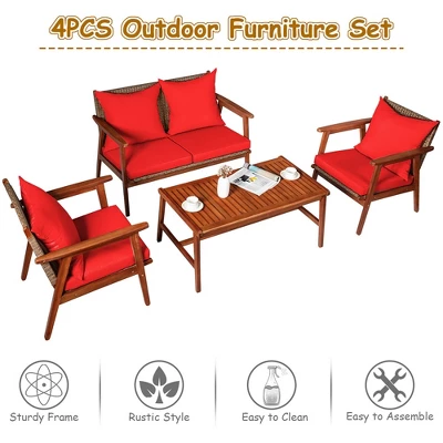 Costway 4PCS Patio Rattan Furniture Set Acacia Wood Frame Cushioned Sofa Chair 7 Costway 4PCS Patio Rattan Furniture Set Acacia Wood Frame Cushioned Sofa Chair - Image 5