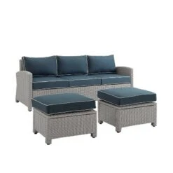 Bradenton 3pc Outdoor Wicker Sofa & 2 Ottoman Set - Navy/Gray - Crosley -Sunnydaze Decor Store GUEST c44cd8ec 0ab1 4698 b843 11e97ee47142